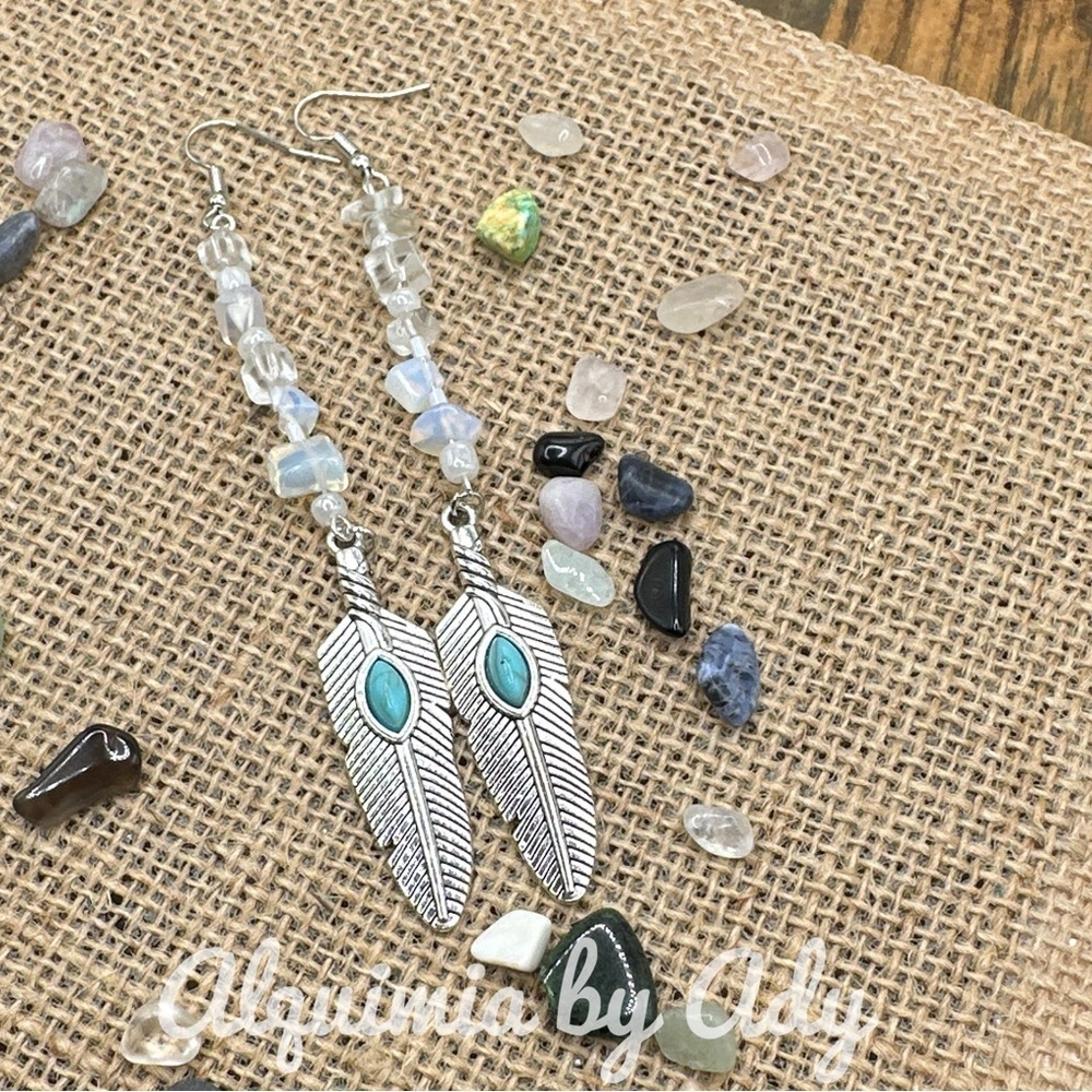 🤠🌊 5” Phantom Quartz & Turquoise Feather Dangles — Coastal Cowgirl Mystic